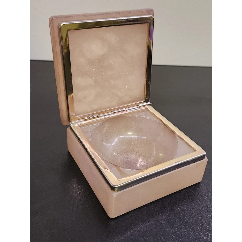 Vtg  Hinged Make Up Pill Box Pink Trinket Ring Marble Flower Print 2.5